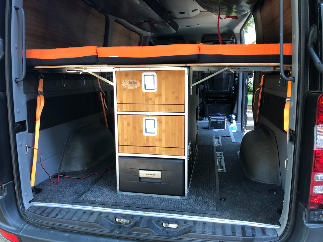 Overland Vehicle Storage system for Sprinter Vans, 2 drawers and 30L fridge, Bed and extra storage, front view