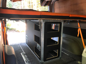 Overland Vehicle Storage System for Sprinter Vans - extra cubby space inside Van., rear view